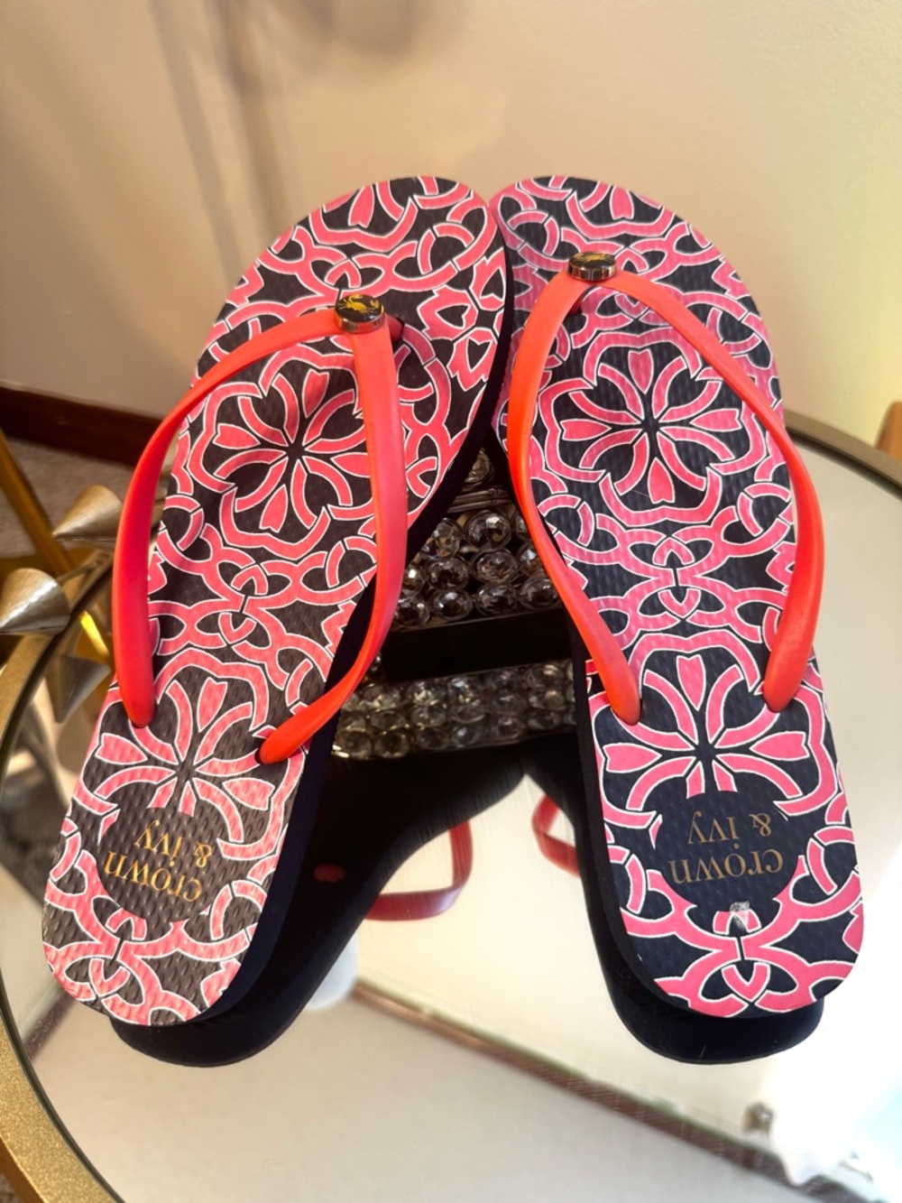 Women’s Navy Blue and Coral Patterned Flip Flops with Coral Straps, Crab Buttons